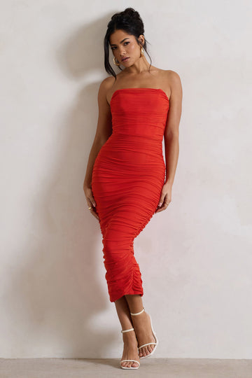 Nylah Orange Ruched Corset Bodycon Midi Dress